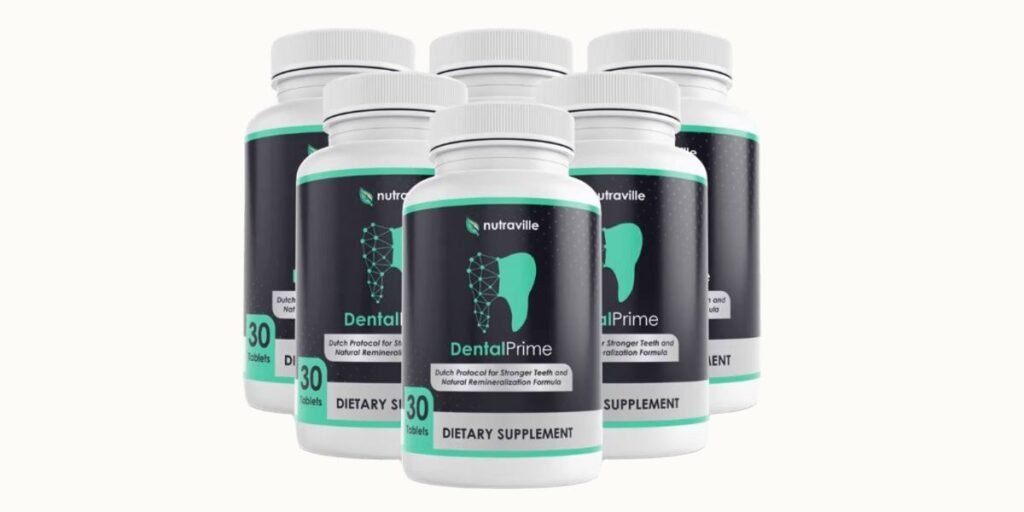 Six white bottles of DentalPrime dietary supplement