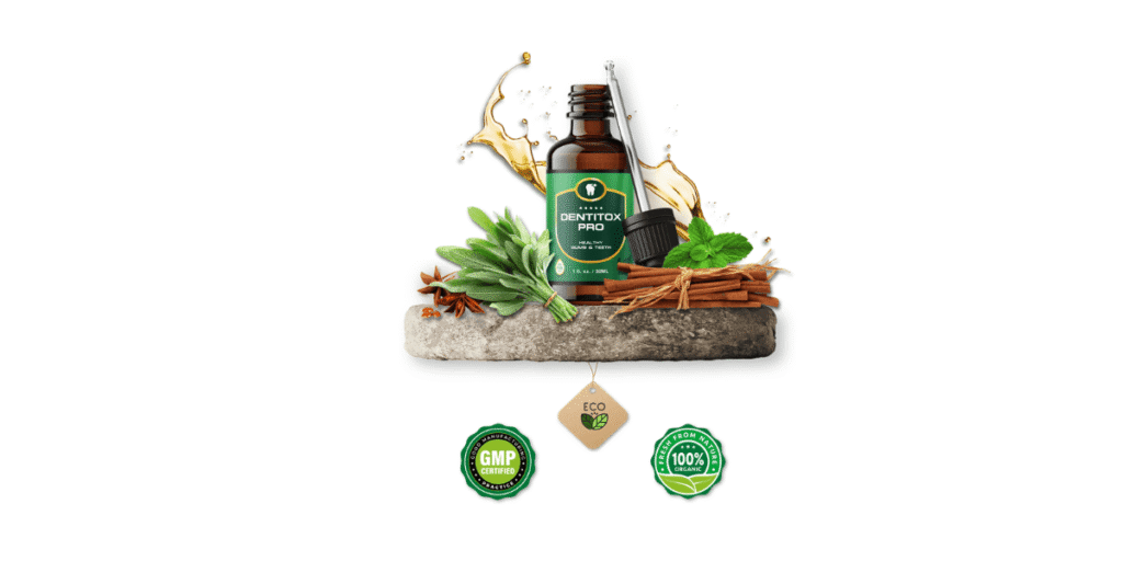 A product shot of a Dentitox Pro glass bottle and dropper positioned on a stone platform amidst a variety of fresh ingredients like mint leaves, sage sprigs, cinnamon sticks, and anise stars. A liquid splash is visible in the background, along with three decorative nature and product seals.