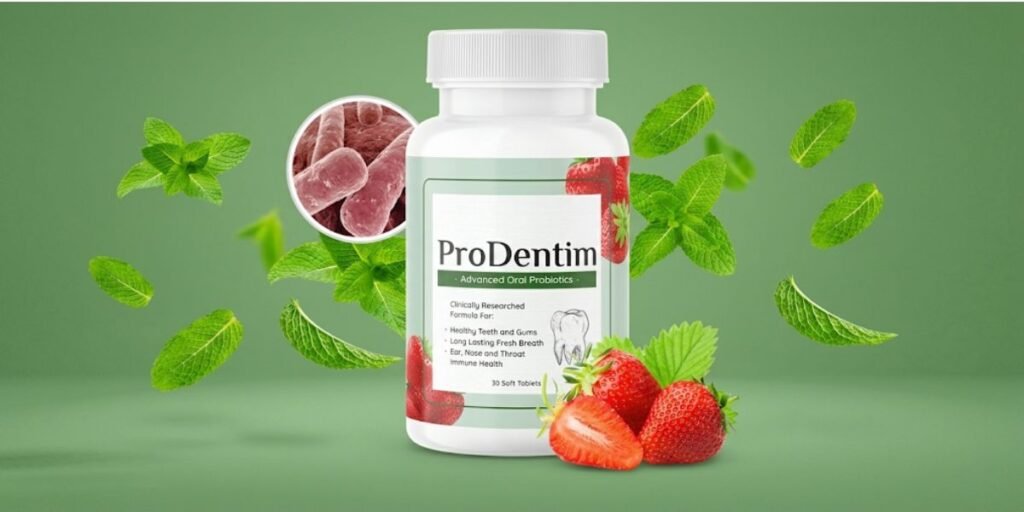 ProDentim Review: 3.5 billion probiotic supplement bottles with strawberries in a clean bathroom setting.