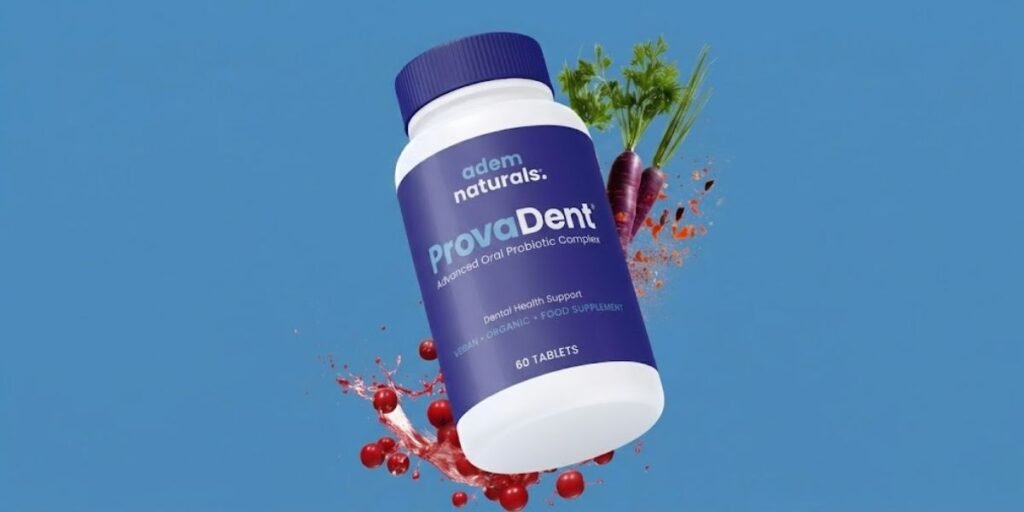A ProvaDent review visual showing the supplement bottle surrounded by nutrient-rich ingredients for a powerful formula that supports dental health and microbiome balance.