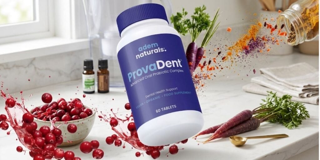 A bottle of ProvaDent supplement surrounded by fresh cranberries and purple carrots on a kitchen countertop, representing its natural ingredients.