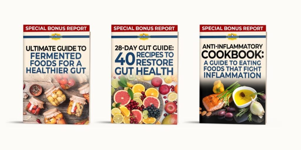 An image showcasing three "Special Bonus Report" e-books from Simple Promise: the Ultimate Guide to Fermented Foods, the 28-Day Gut Guide featuring 40 recipes, and an Anti-Inflammatory Cookbook.