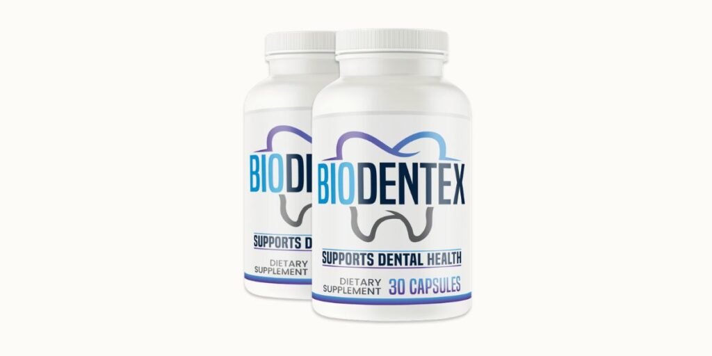 Two white bottles of BioDentex dietary supplement with a blue and purple tooth logo, labeled "Supports Dental Health" and "30 Capsules," set against a clean white background.