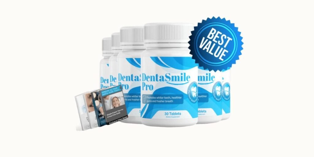 DentaSmile Pro Review: A set of DentaSmile Pro supplement bottles with a "Best Value" seal and digital bonus guides for oral health.