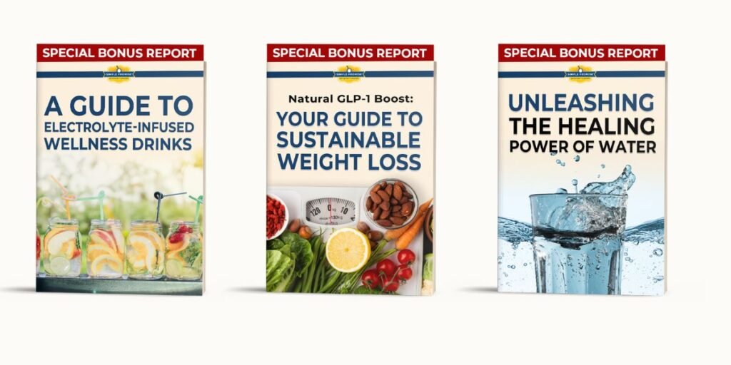 Exclusive ElectroSlim bonus guides featuring a GLP-1 boost weight loss manual, an electrolyte drink guide, and a hydration wellness book.