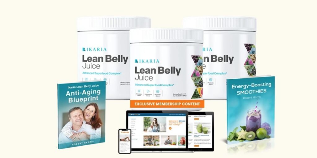 The image showcases the Ikaria Lean Belly Juice supplement bottles alongside several digital bonuses. It features three containers of the "Advanced Superfood Complex" as the centerpiece. Surrounding the bottles are two bonus guides—"Anti-Aging Blueprint" and "Energy-Boosting Smoothies"—and digital devices displaying the "Exclusive Membership Content," which includes workout videos and healthy recipes. The layout emphasizes a comprehensive health and weight loss transformation system.