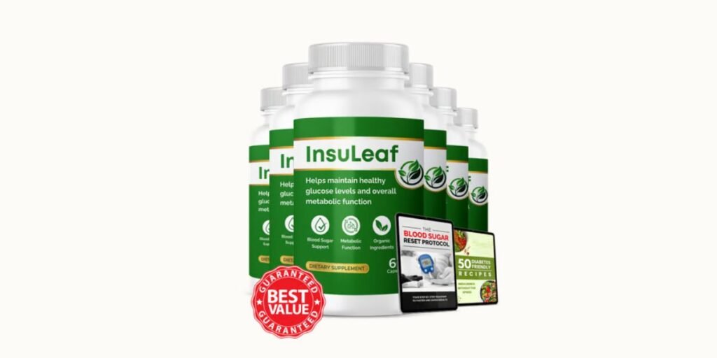 A promotional layout for the dietary supplement InsuLeaf. The image features a group of six white supplement bottles with green and white labels, arranged in a professional cluster. The primary label clearly displays the brand name "InsuLeaf" and states that it "Helps maintain healthy glucose levels and overall metabolic function