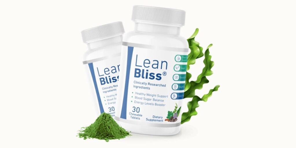 Two bottles of LeanBliss dietary supplement pills, featuring a white label with blue and black text. The label highlights "Clinically Researched Ingredients" and lists benefits such as "Healthy Weight Support," "Blood Sugar Balance," and "Energy Levels Booster." The bottle specifies "30 Chewable Tablets." In the foreground, there is a small pile of green herbal powder, and in the background, a vibrant green seaweed frond and small botanical illustrations of cinnamon and chocolate pieces.