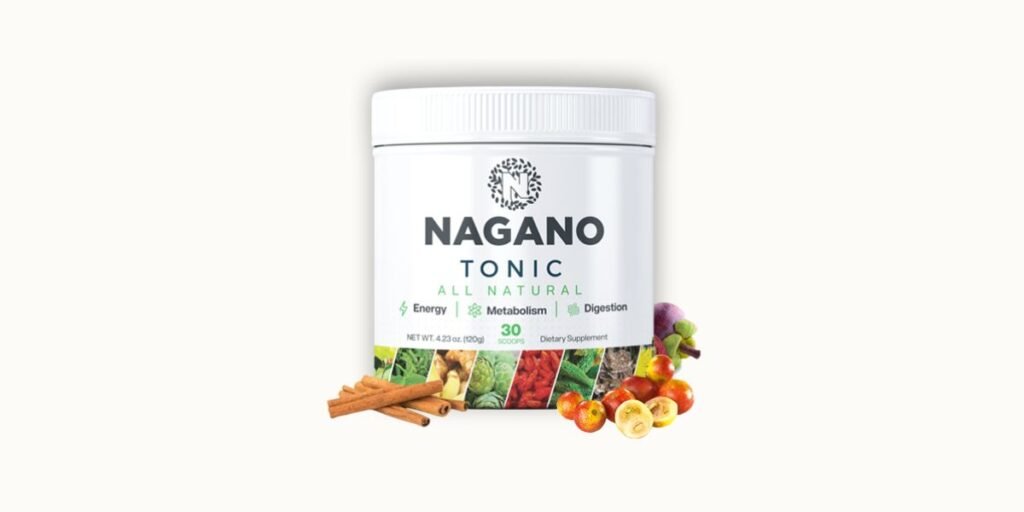 Nagano Tonic Review. A white supplement jar of "Nagano Tonic" centered on a clean background. The label features the brand name in bold black letters and highlights "All Natural" benefits for Energy, Metabolism, and Digestion. At the base of the jar, there is a colorful strip showing various natural ingredients like ginger, kale, and berries, flanked by actual cinnamon sticks and mangosteen fruits to emphasize its organic formula.