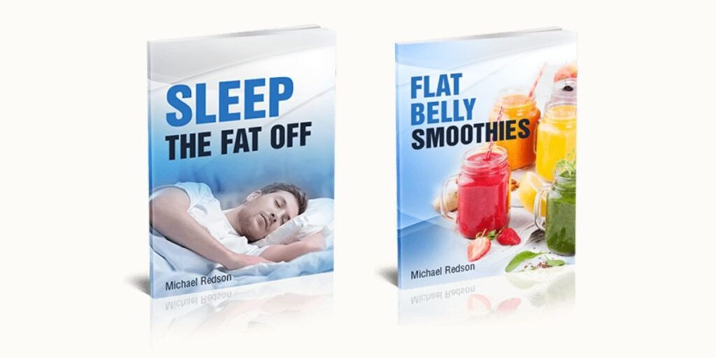 Two weight loss books by Michael Redson are displayed against a clean white background. The book on the left is titled "SLEEP THE FAT OFF" in large blue letters and features a photo of a man sleeping peacefully. The book on the right is titled "FLAT BELLY SMOOTHIES" in smaller white letters and features images of colorful fruit smoothies. Both books have soft reflections beneath them.