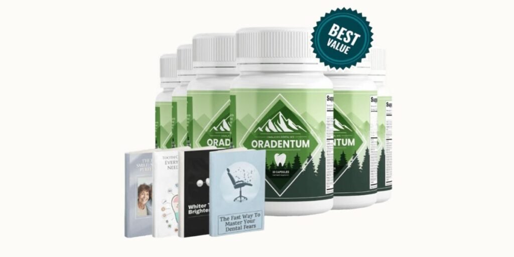 A group of Oradentum dental supplement bottles with a "Best Value" seal, displayed alongside four digital bonus e-books.
