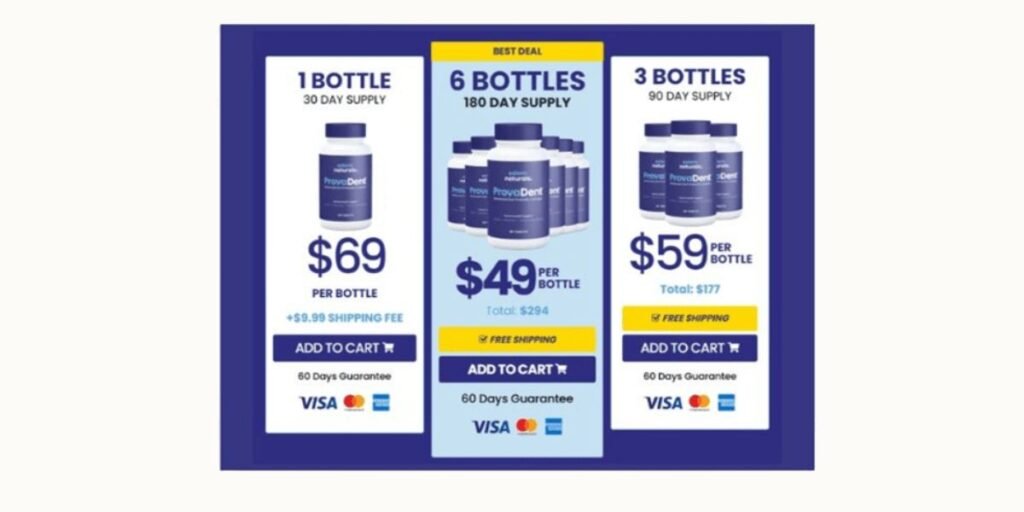 A pricing table for ProvaDent showing three purchase options: 1 bottle for $69, 3 bottles for $59 each with free shipping, and the 'Best Deal' of 6 bottles for $49 each with free shipping. All ProvaDent Reviews packages include a 60-day money-back guarantee