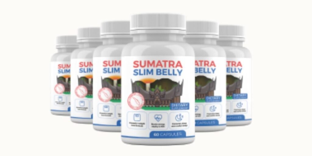 A row of six white Sumatra Slim Belly Tonic bottles arranged in a staggered line against a white background, focusing on the center bottle which displays the product name and tropical-themed label.