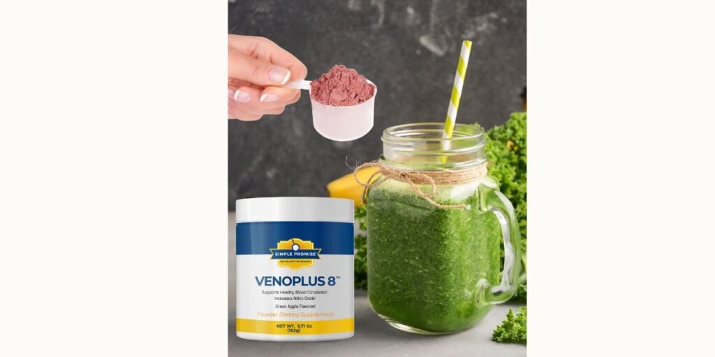 A hand holding a scoop of reddish-pink VenoPlus 8 powder over a glass of green juice. Next to the glass is a container of VenoPlus 8 labeled "Supports Healthy Blood Circulation" and "Green Apple Flavored."