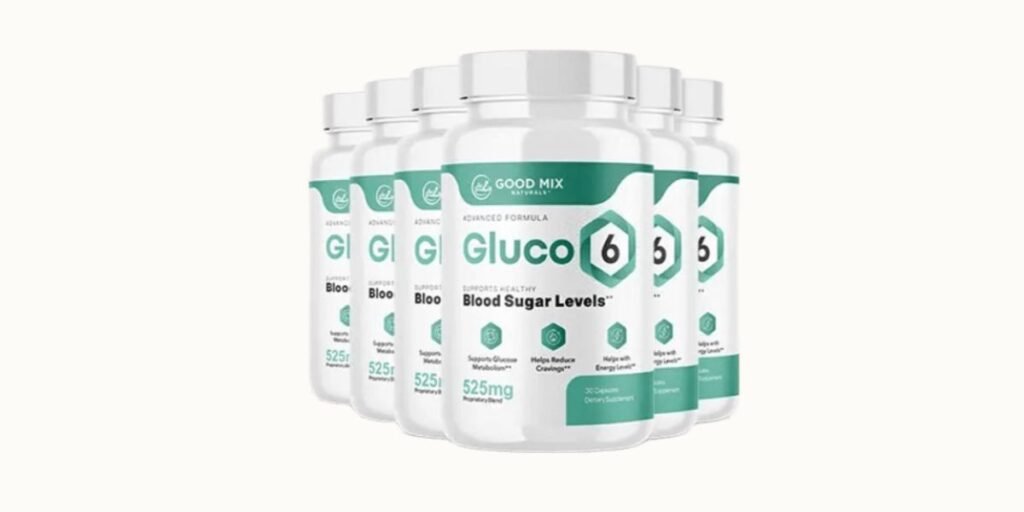 Six white bottles of Gluco6 supplement by Good Mix Naturals for healthy blood sugar support.
