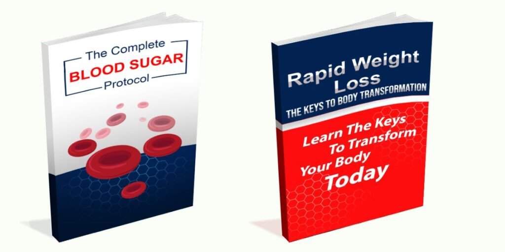 Two 3D digital book covers displayed side-by-side. The left book is titled "The Complete Blood Sugar Protocol" with a clean white and navy design featuring red blood cell illustrations. The right book is titled "Rapid Weight Loss: The Keys to Body Transformation" with a bold red, white, and navy blue color scheme.
