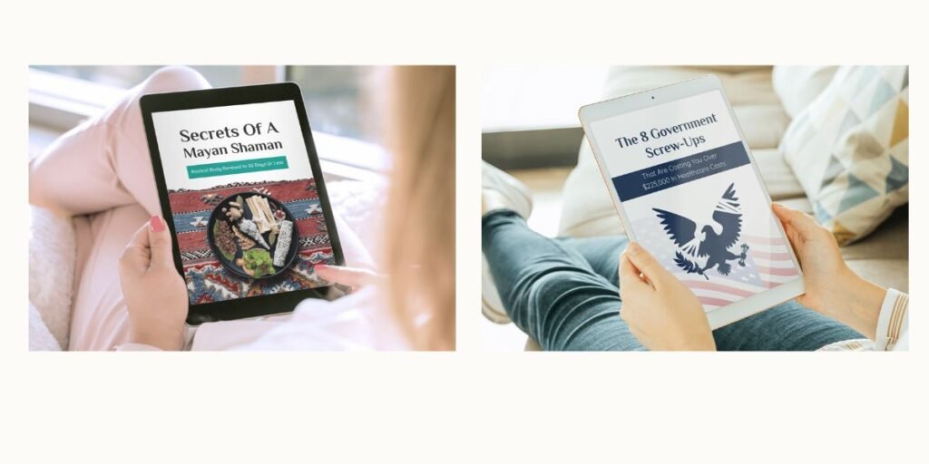 A split-screen display showing two digital tablets featuring the exclusive bonuses included with the supplement: 'Secrets Of A Mayan Shaman' and 'The 8 Government Screw-Ups.' These eBooks provide additional health insights and cost-saving tips to complement the weight loss journey.