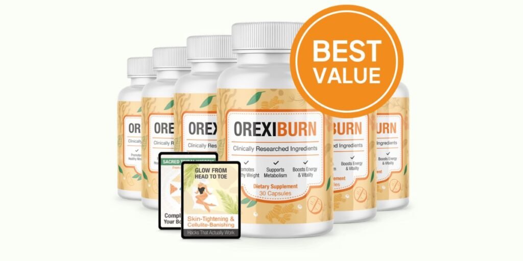 Six OrexiBurn bottles are presented, flanked by two tablet screens showing "GLOW FROM HEAD TO TOE" and "SACRED TRIBAL WISDOM". A prominent orange badge reads "BEST VALUE".