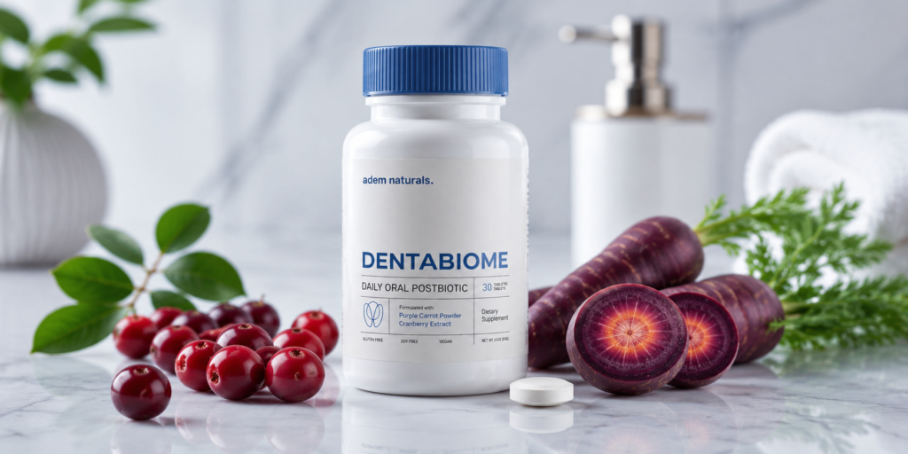 A clean, modern product image showcasing the DentaBiome oral postbiotic supplement alongside its key natural ingredients, including cranberries and purple carrots. The bright, minimalist setting highlights freshness, wellness, and premium quality, making it ideal for an oral health review article.